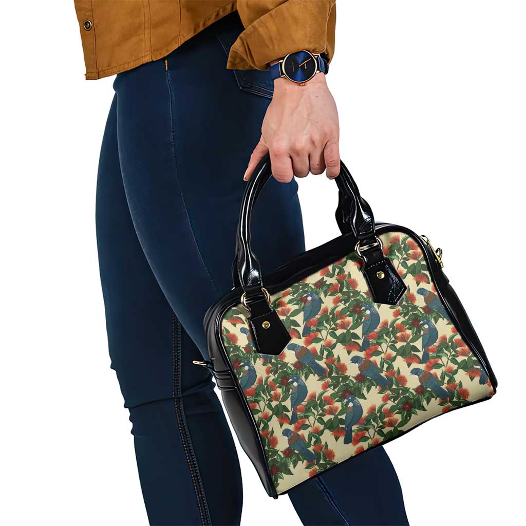 New Zealand Christmas Shoulder Handbag Romantic Tui Birds on Pohutukawa - Ivory LT7 - Polynesian Pride