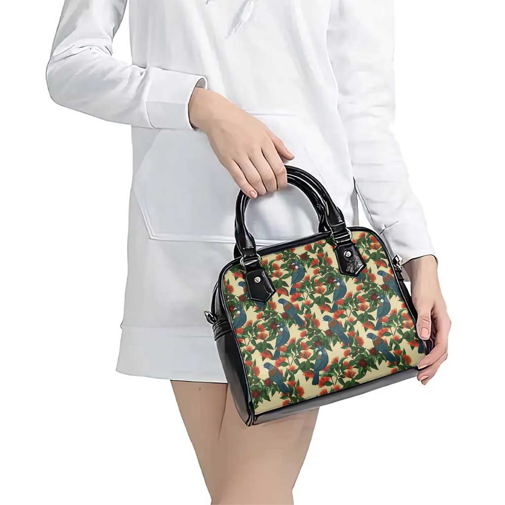 New Zealand Christmas Shoulder Handbag Romantic Tui Birds on Pohutukawa - Ivory LT7 - Polynesian Pride