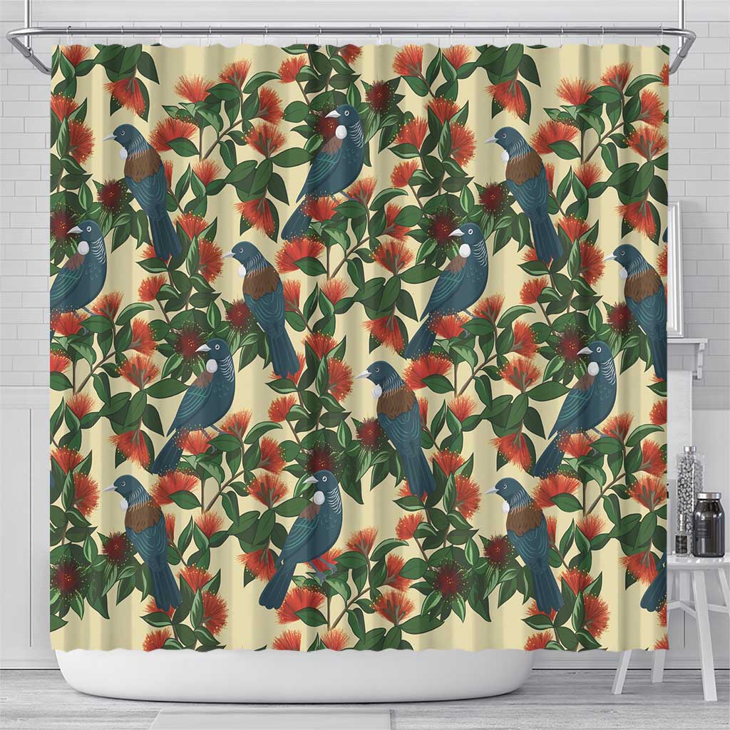 New Zealand Christmas Shower Curtain Romantic Tui Birds on Pohutukawa - Ivory LT7 - Polynesian Pride