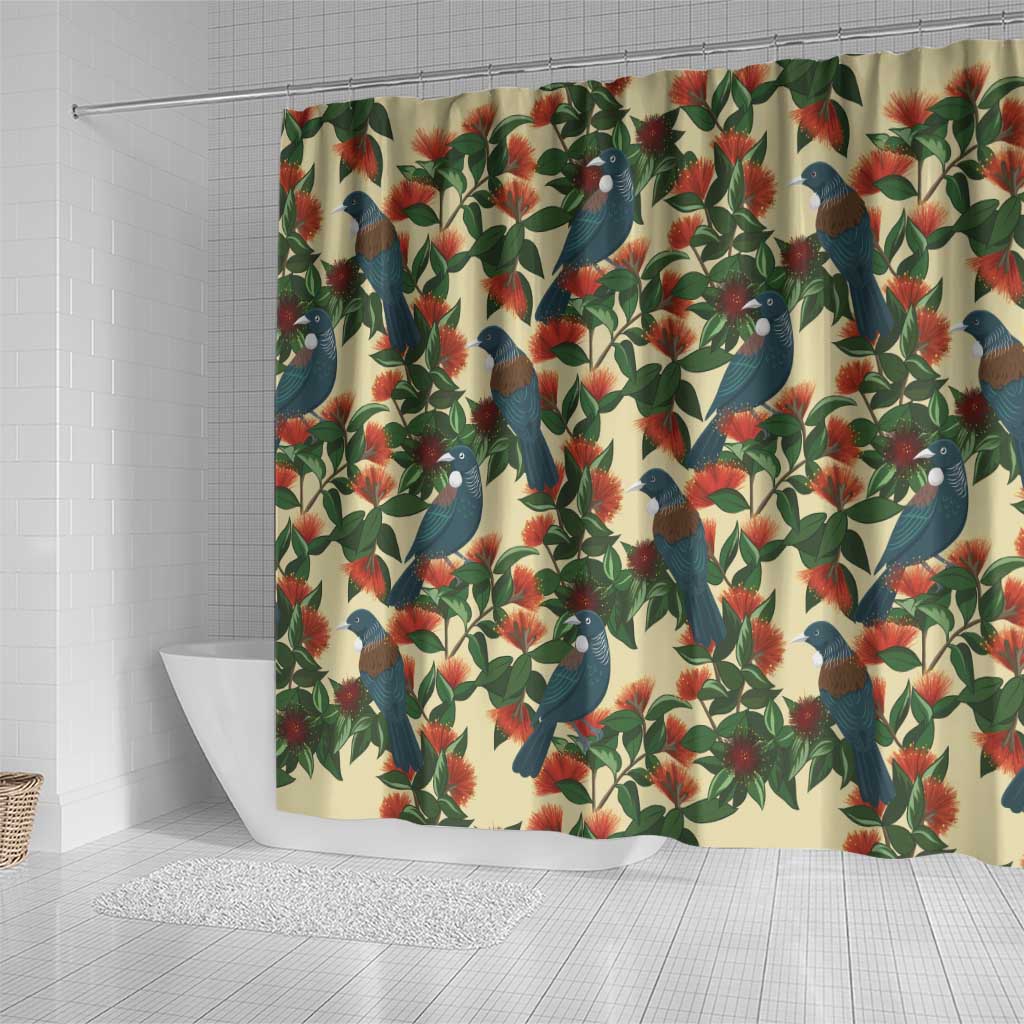 New Zealand Christmas Shower Curtain Romantic Tui Birds on Pohutukawa - Ivory LT7 - Polynesian Pride