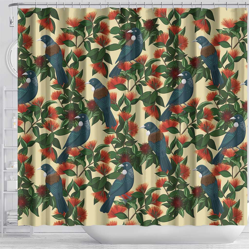 New Zealand Christmas Shower Curtain Romantic Tui Birds on Pohutukawa - Ivory LT7 - Polynesian Pride