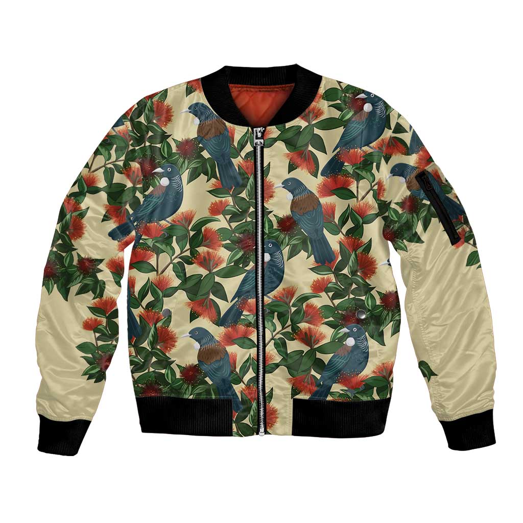New Zealand Christmas Sleeve Zip Bomber Jacket Romantic Tui Birds on Pohutukawa - Ivory LT7 Unisex Ivory - Polynesian Pride