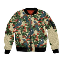 New Zealand Christmas Sleeve Zip Bomber Jacket Romantic Tui Birds on Pohutukawa - Ivory LT7 Unisex Ivory - Polynesian Pride