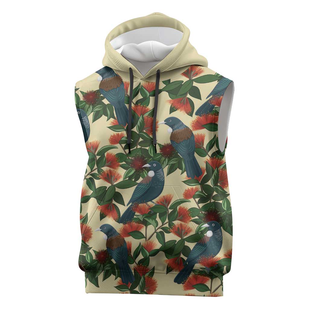 New Zealand Christmas Sleeveless Hoodie Romantic Tui Birds on Pohutukawa - Ivory - Polynesian Pride