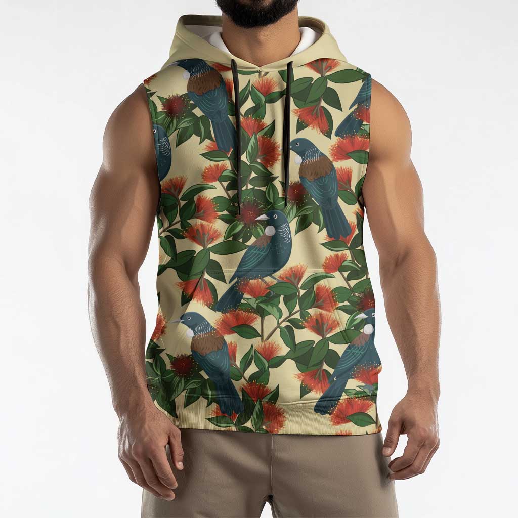New Zealand Christmas Sleeveless Hoodie Romantic Tui Birds on Pohutukawa - Ivory - Polynesian Pride
