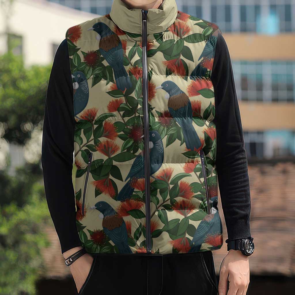 New Zealand Christmas Sleeveless Puffer Jacket Romantic Tui Birds on Pohutukawa - Ivory - Polynesian Pride