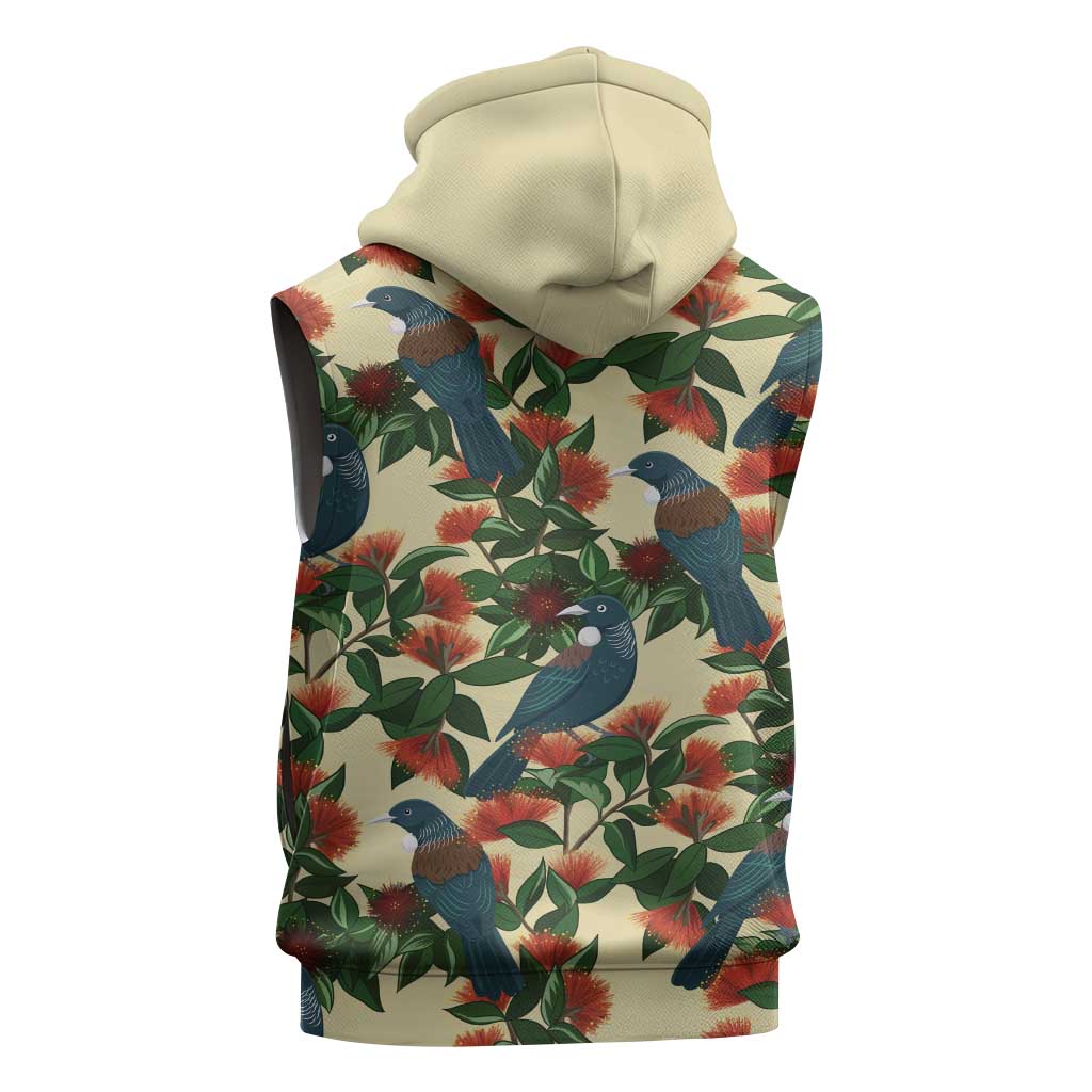 New Zealand Christmas Sleeveless Zip Hoodie Romantic Tui Birds on Pohutukawa - Ivory LT7 - Polynesian Pride