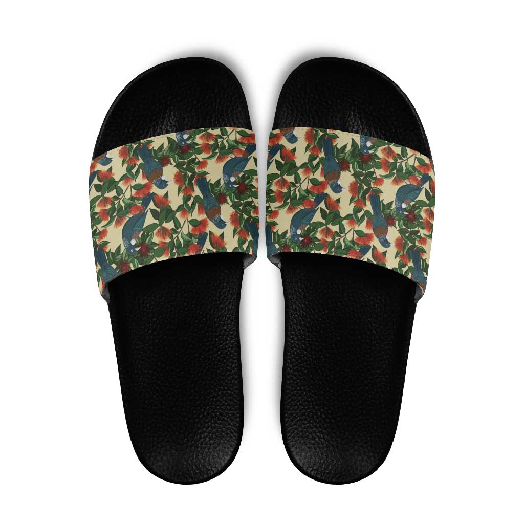New Zealand Christmas Slide Sandals Romantic Tui Birds on Pohutukawa - Ivory LT7 Ivory - Polynesian Pride