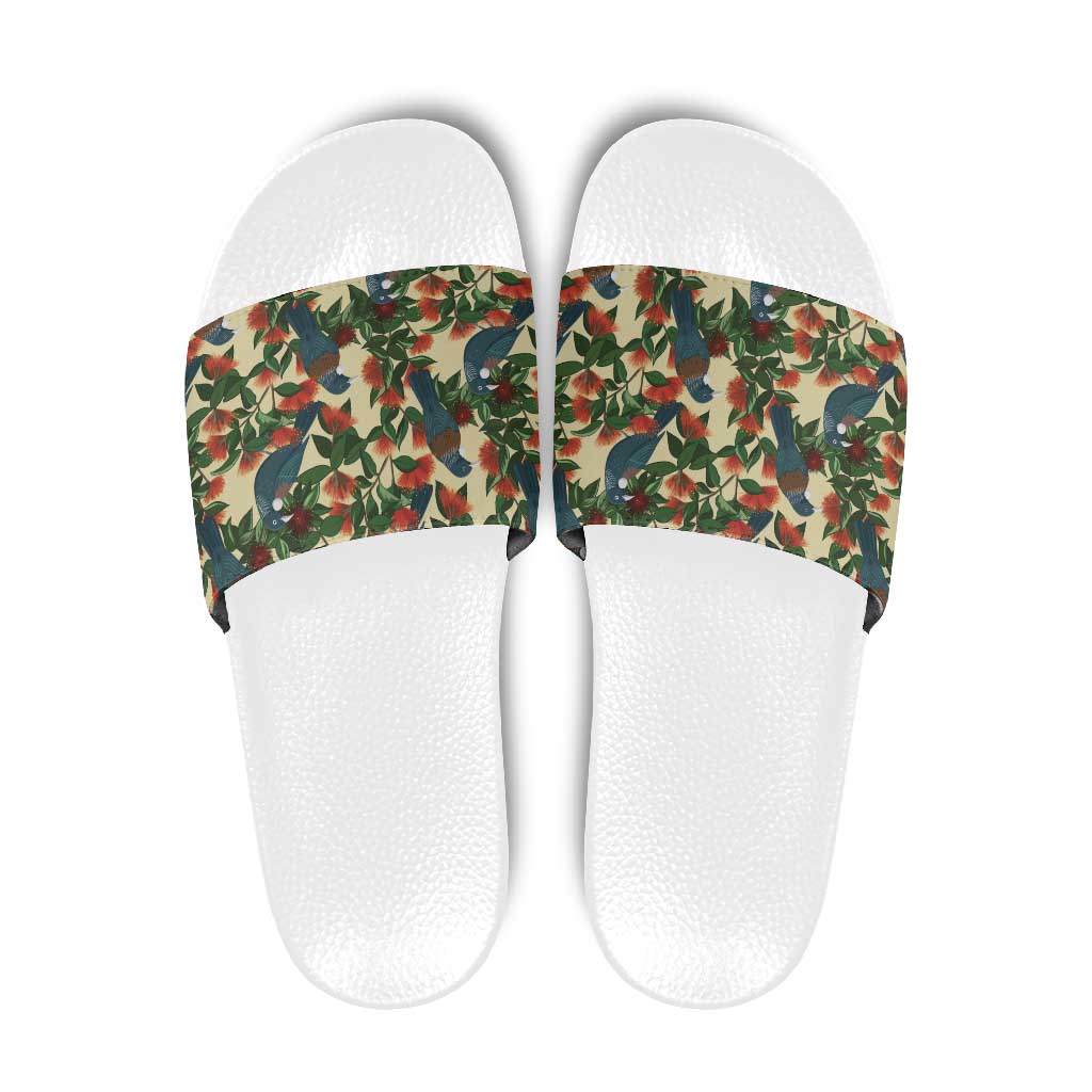 New Zealand Christmas Slide Sandals Romantic Tui Birds on Pohutukawa - Ivory LT7 Ivory - Polynesian Pride