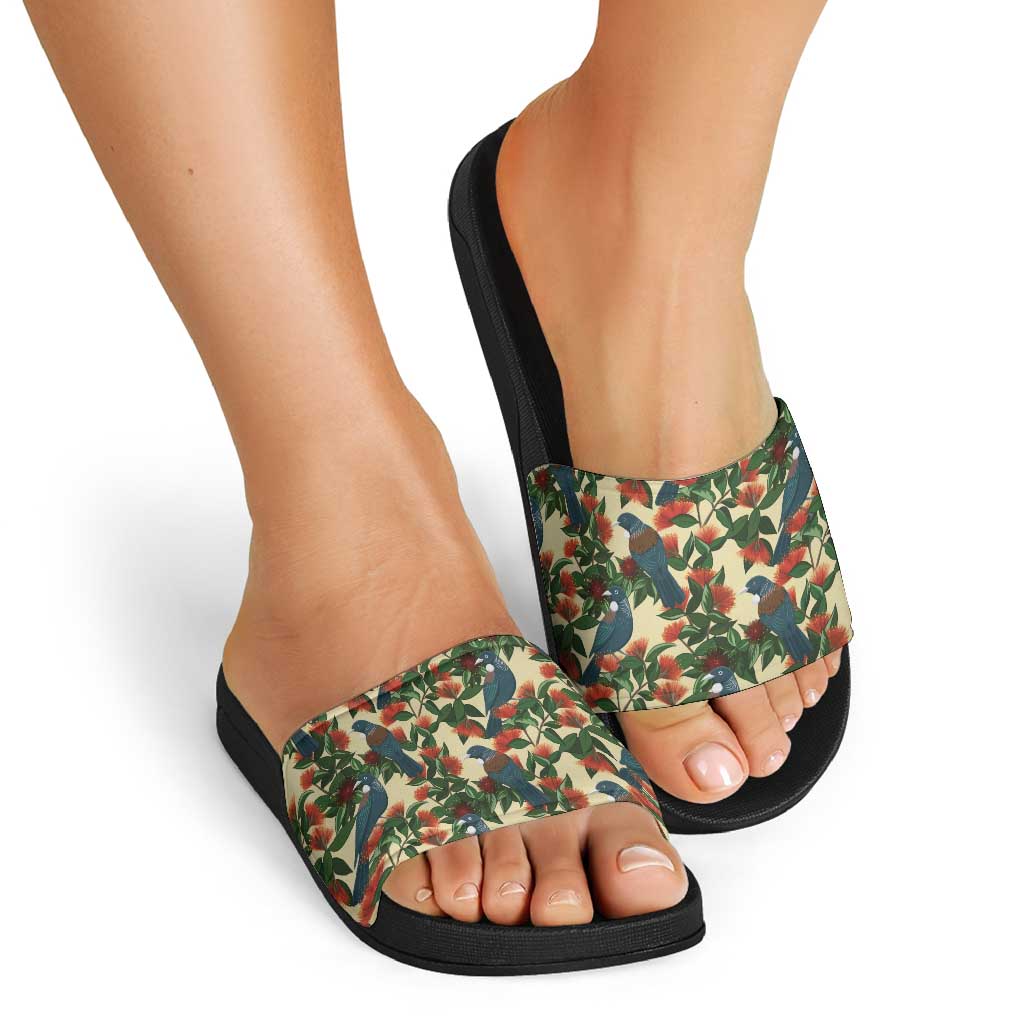 New Zealand Christmas Slide Sandals Romantic Tui Birds on Pohutukawa - Ivory LT7 - Polynesian Pride