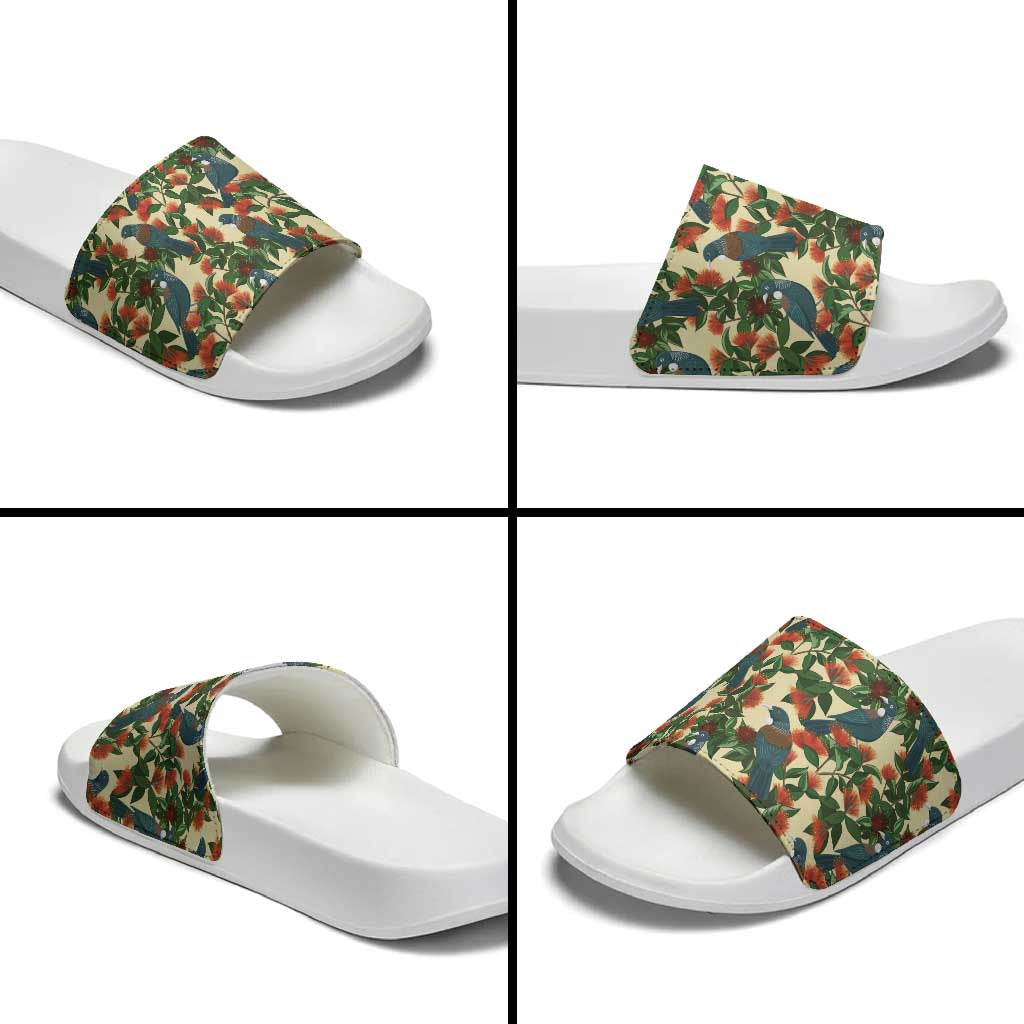 New Zealand Christmas Slide Sandals Romantic Tui Birds on Pohutukawa - Ivory LT7 - Polynesian Pride