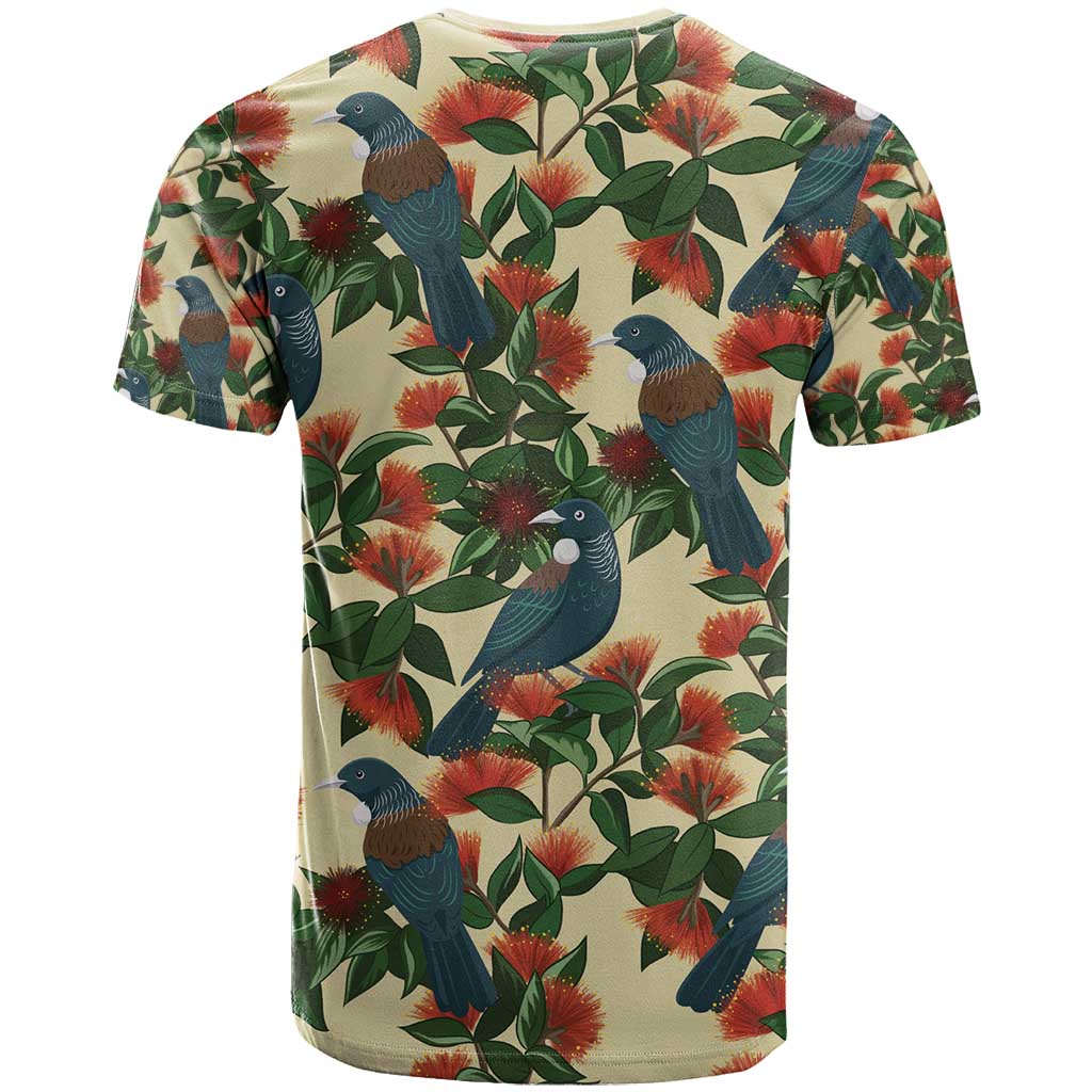 New Zealand Christmas T Shirt Romantic Tui Birds on Pohutukawa - Ivory - Polynesian Pride