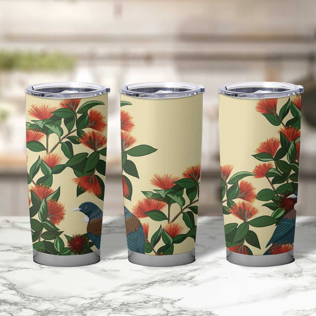 New Zealand Christmas Tumbler Cup Romantic Tui Birds on Pohutukawa - Ivory - Polynesian Pride