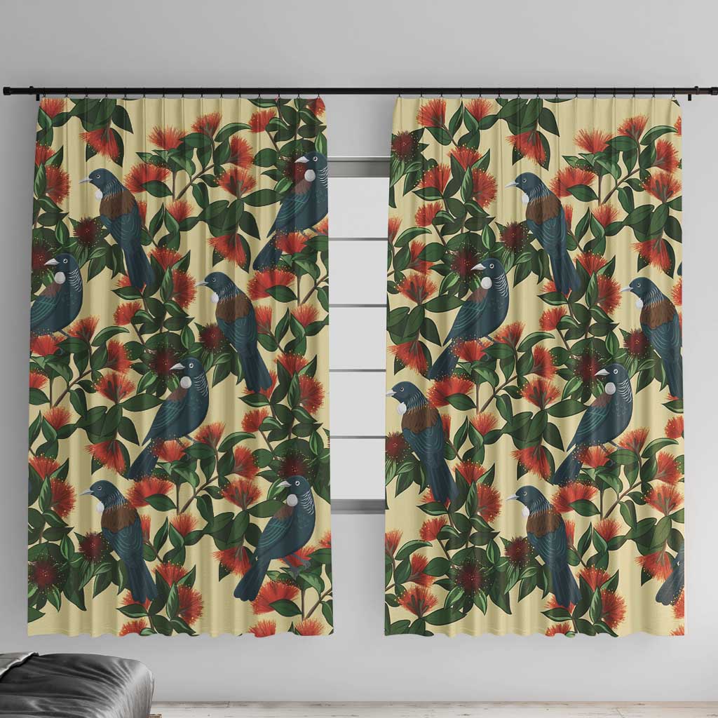 New Zealand Christmas Window Curtain Romantic Tui Birds on Pohutukawa - Ivory LT7 With Hooks Ivory - Polynesian Pride