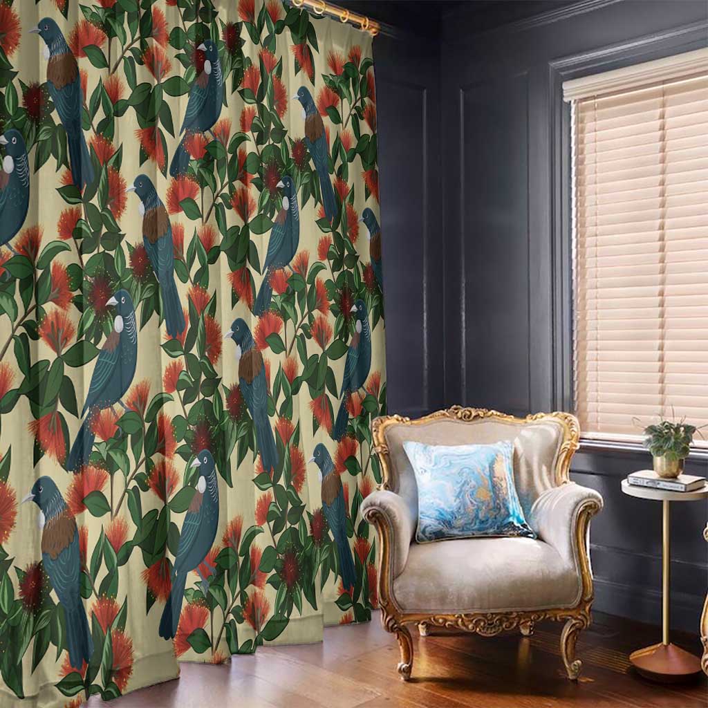 New Zealand Christmas Window Curtain Romantic Tui Birds on Pohutukawa - Ivory LT7 - Polynesian Pride
