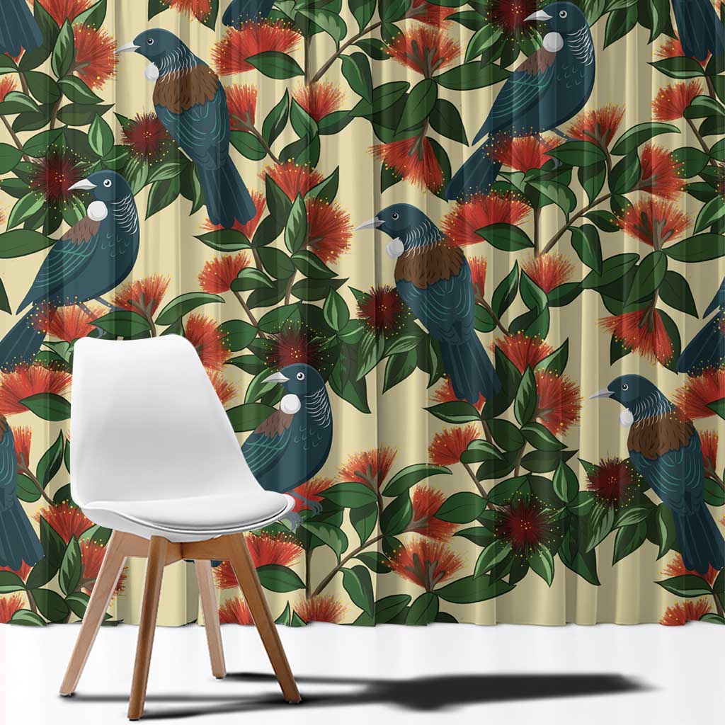 New Zealand Christmas Window Curtain Romantic Tui Birds on Pohutukawa - Ivory LT7 - Polynesian Pride