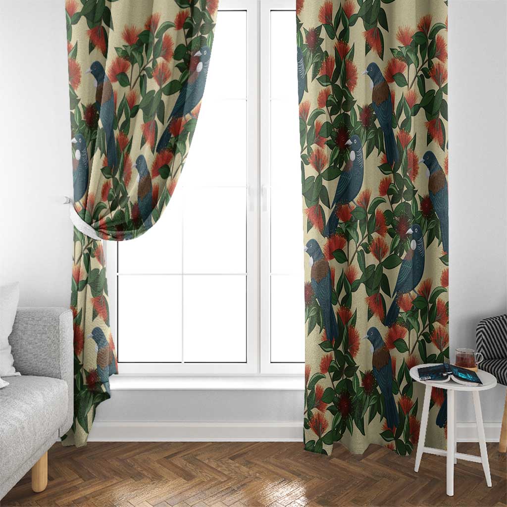 New Zealand Christmas Window Curtain Romantic Tui Birds on Pohutukawa - Ivory LT7 - Polynesian Pride