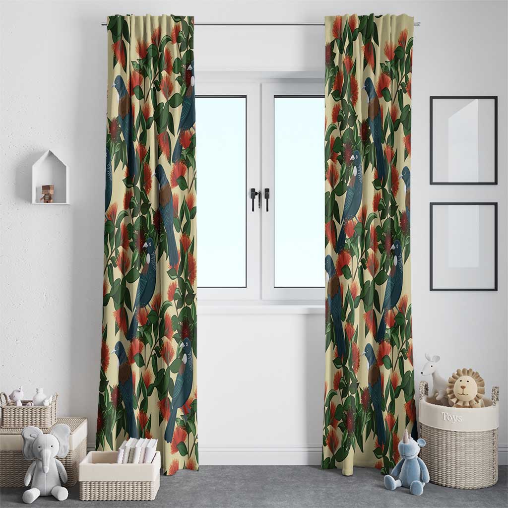 New Zealand Christmas Window Curtain Romantic Tui Birds on Pohutukawa - Ivory LT7 - Polynesian Pride