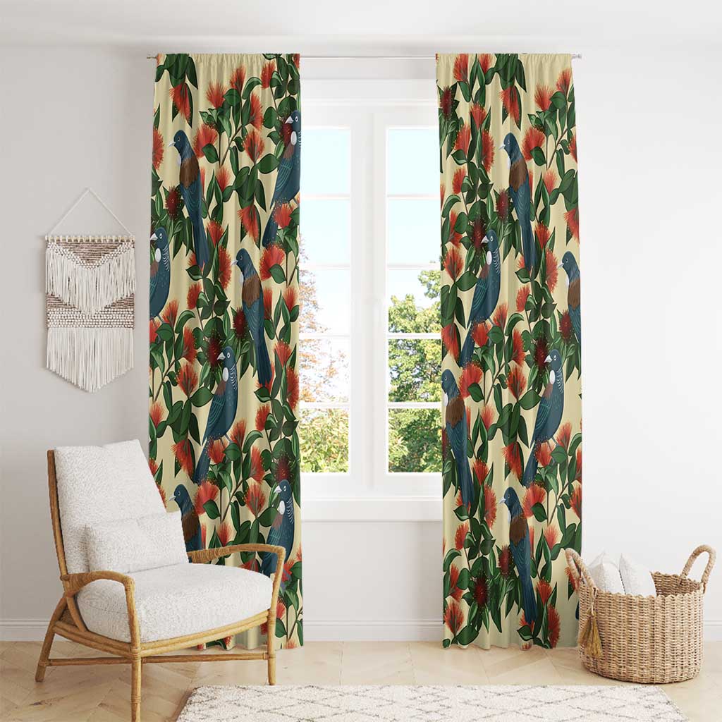 New Zealand Christmas Window Curtain Romantic Tui Birds on Pohutukawa - Ivory LT7 - Polynesian Pride