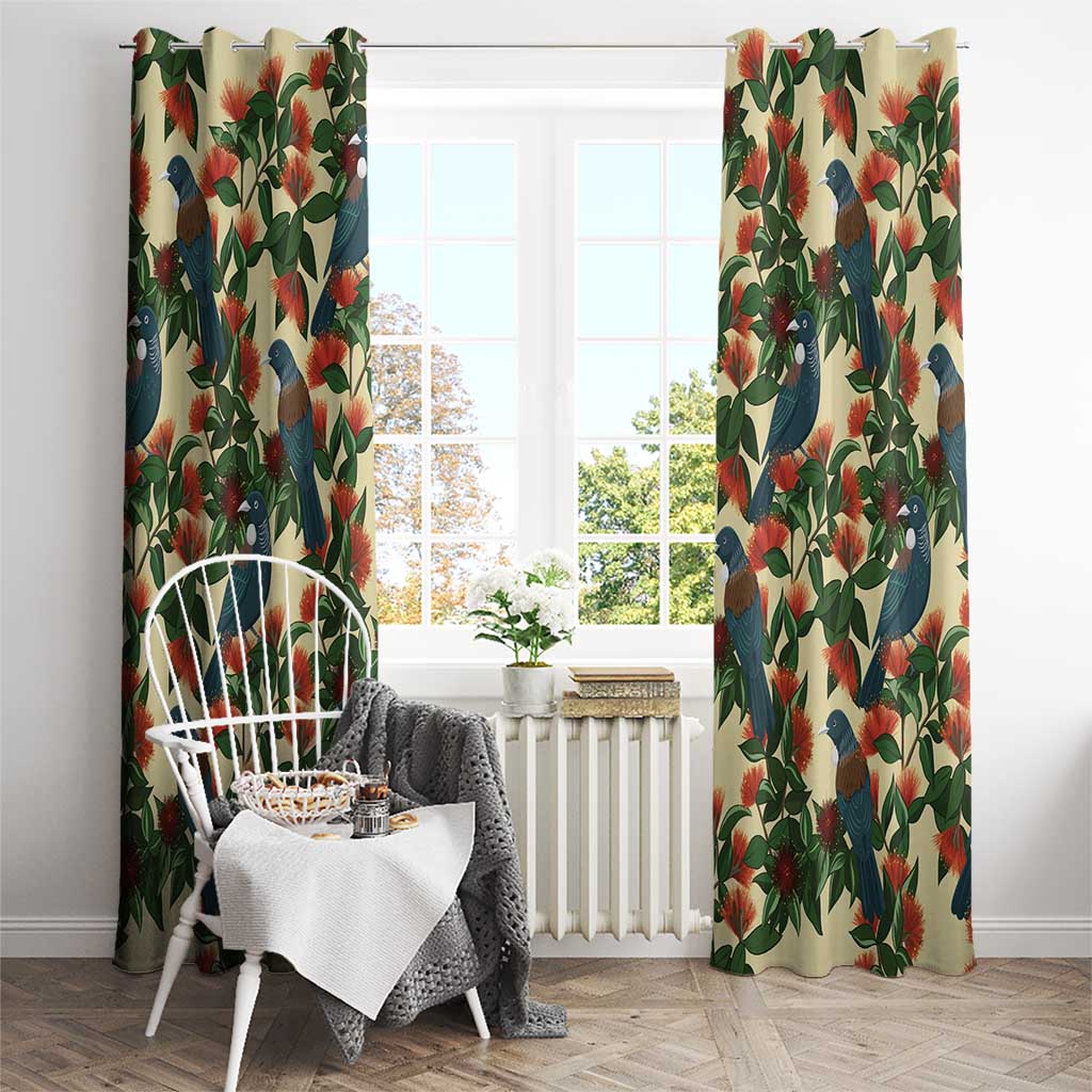 New Zealand Christmas Window Curtain Romantic Tui Birds on Pohutukawa - Ivory LT7 - Polynesian Pride