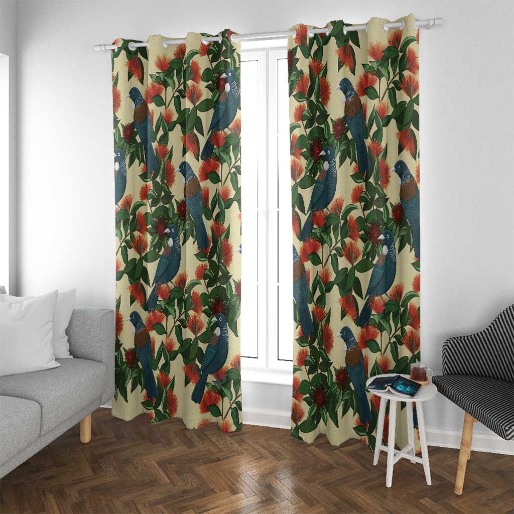 New Zealand Christmas Window Curtain Romantic Tui Birds on Pohutukawa - Ivory LT7 With Grommets Ivory - Polynesian Pride