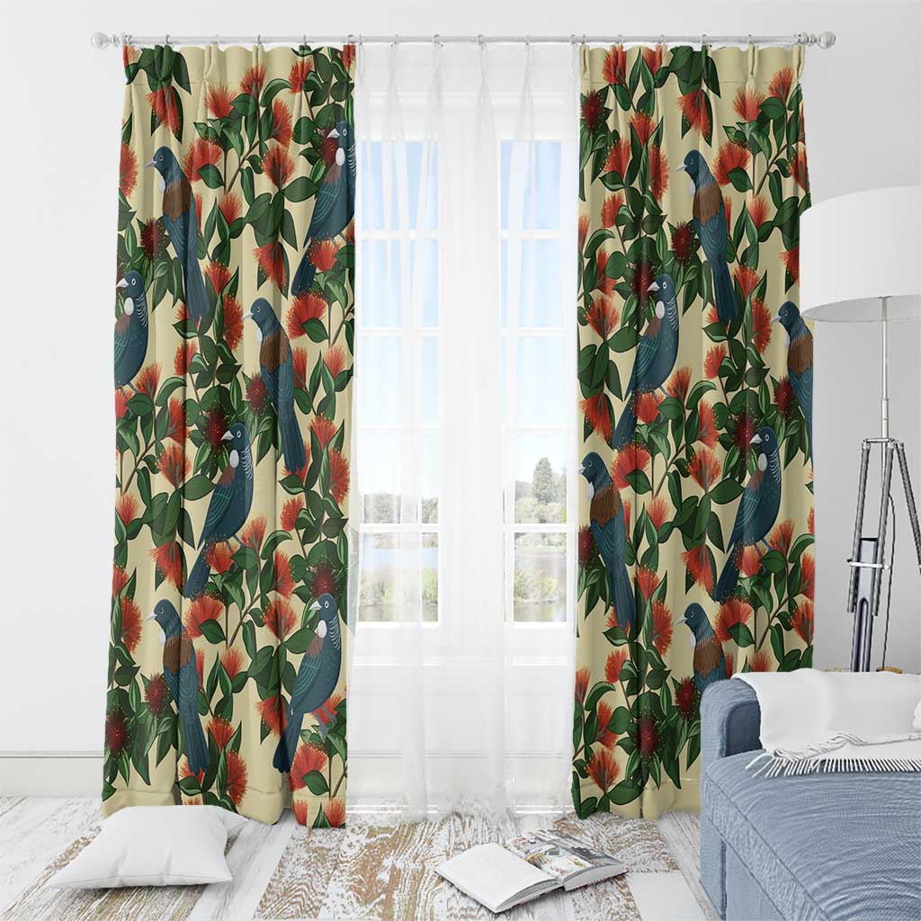 New Zealand Christmas Window Curtain Romantic Tui Birds on Pohutukawa - Ivory LT7 - Polynesian Pride