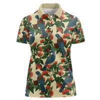 New Zealand Christmas Women Polo Shirt Romantic Tui Birds on Pohutukawa - Ivory - Polynesian Pride