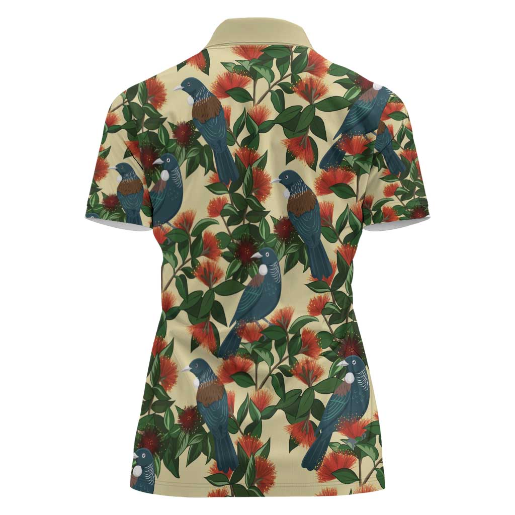 New Zealand Christmas Women Polo Shirt Romantic Tui Birds on Pohutukawa - Ivory - Polynesian Pride