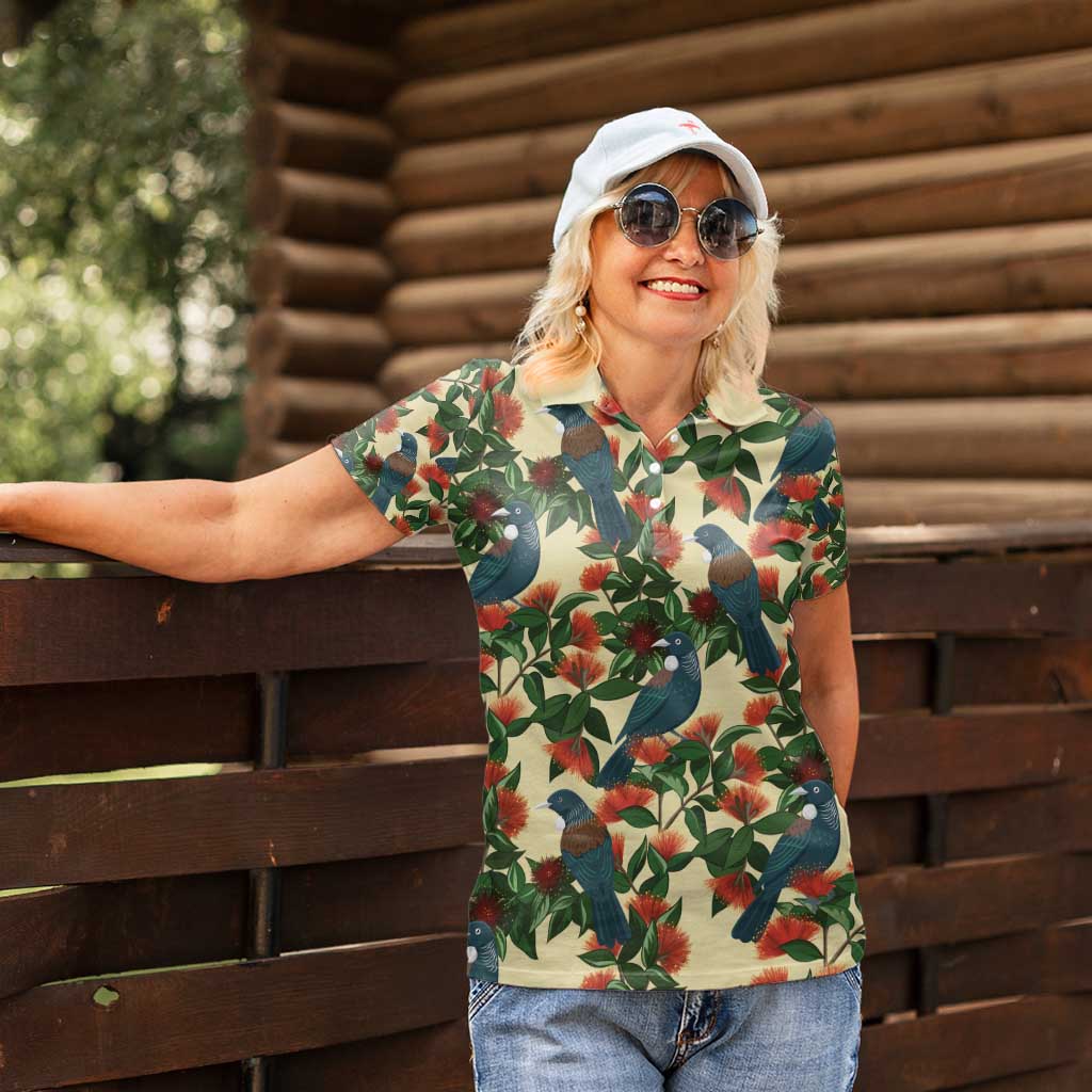 New Zealand Christmas Women Polo Shirt Romantic Tui Birds on Pohutukawa - Ivory - Polynesian Pride