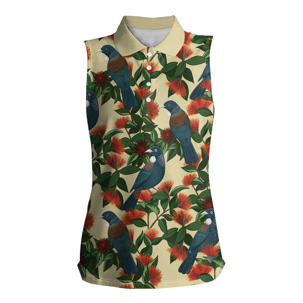 New Zealand Christmas Women Sleeveless Polo Shirt Romantic Tui Birds on Pohutukawa - Ivory - Polynesian Pride