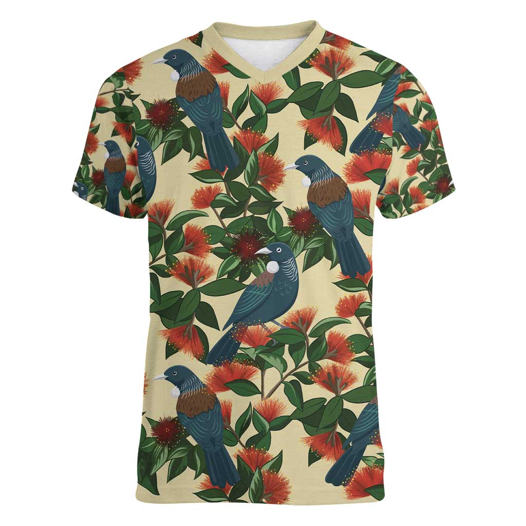 New Zealand Christmas Women V-Neck T-Shirt Romantic Tui Birds on Pohutukawa - Ivory - Polynesian Pride