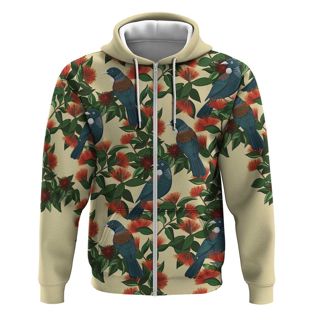 New Zealand Christmas Zip Hoodie Romantic Tui Birds on Pohutukawa - Ivory LT7 Zip Hoodie Ivory - Polynesian Pride