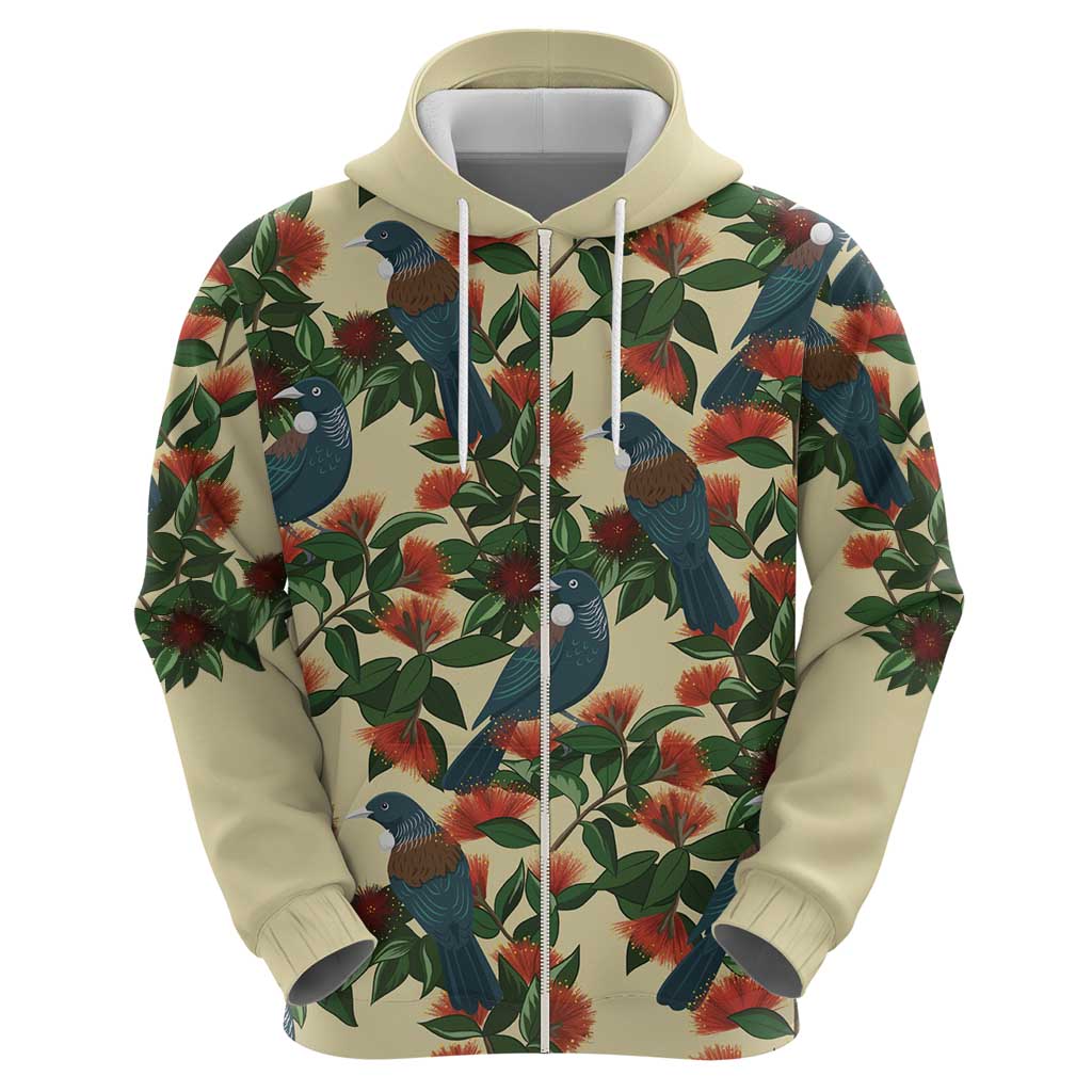 New Zealand Christmas Zip Hoodie Romantic Tui Birds on Pohutukawa - Ivory LT7 - Polynesian Pride