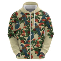 New Zealand Christmas Zip Hoodie Romantic Tui Birds on Pohutukawa - Ivory LT7 - Polynesian Pride