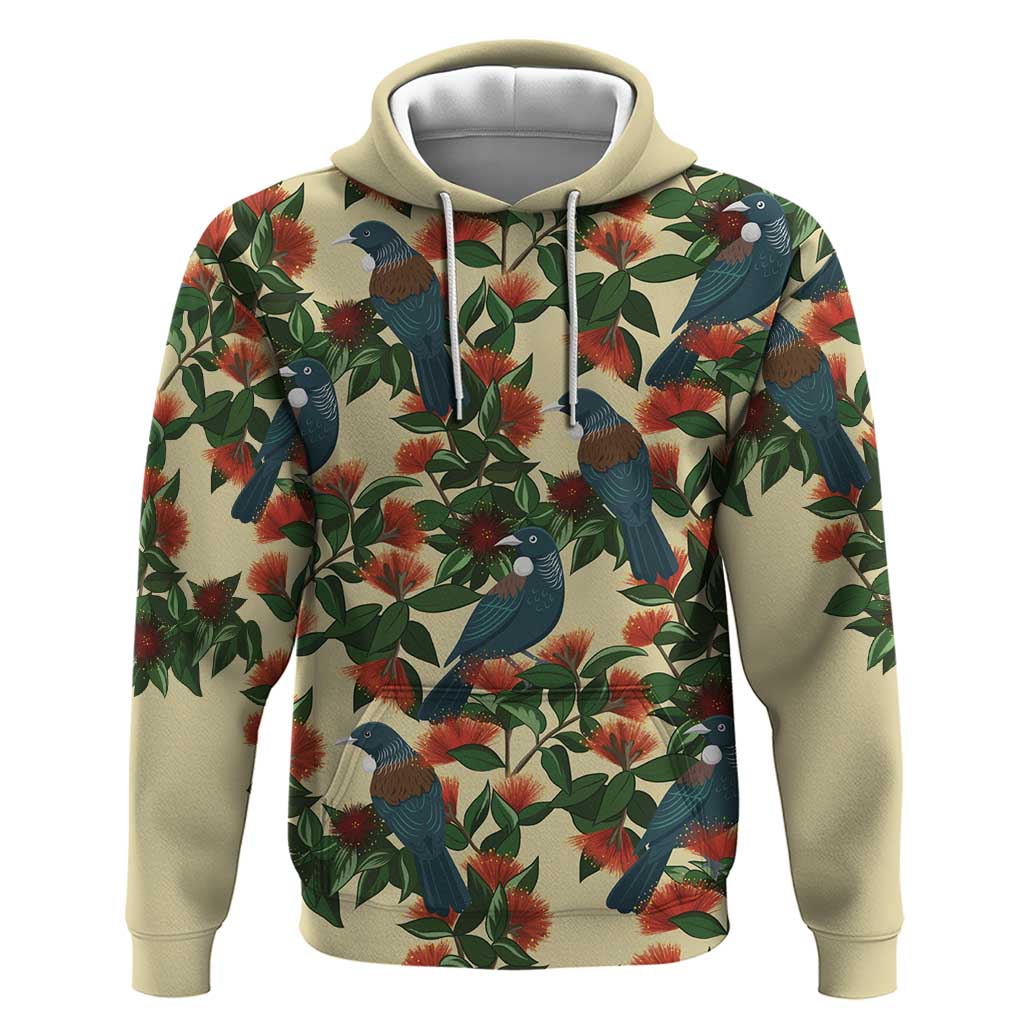 New Zealand Christmas Zip Hoodie Romantic Tui Birds on Pohutukawa - Ivory LT7 Pullover Hoodie Ivory - Polynesian Pride