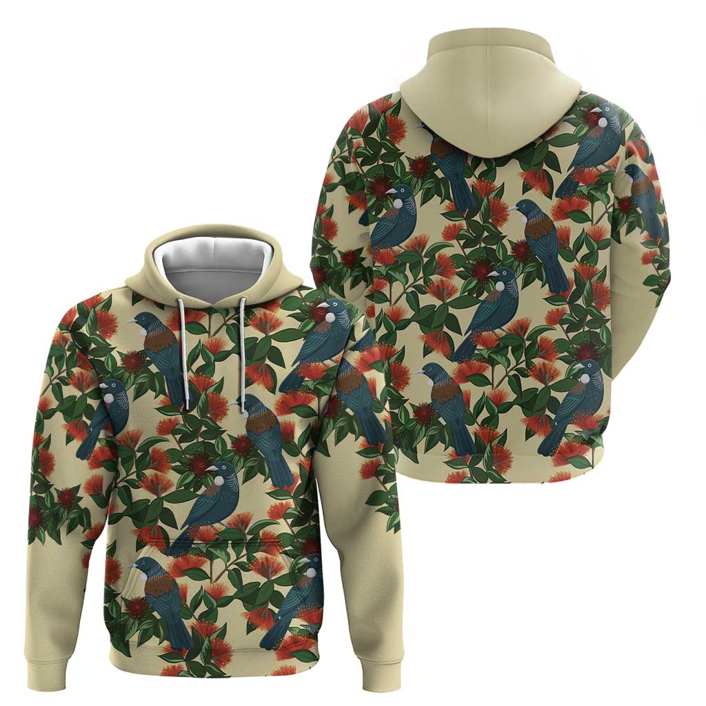 New Zealand Christmas Zip Hoodie Romantic Tui Birds on Pohutukawa - Ivory LT7 - Polynesian Pride