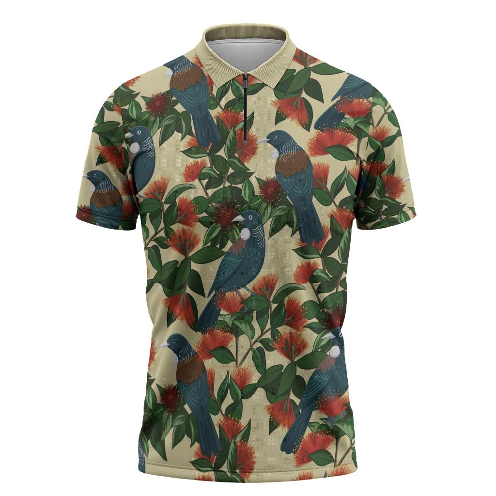 New Zealand Christmas Zipper Polo Shirt Romantic Tui Birds on Pohutukawa - Ivory - Polynesian Pride