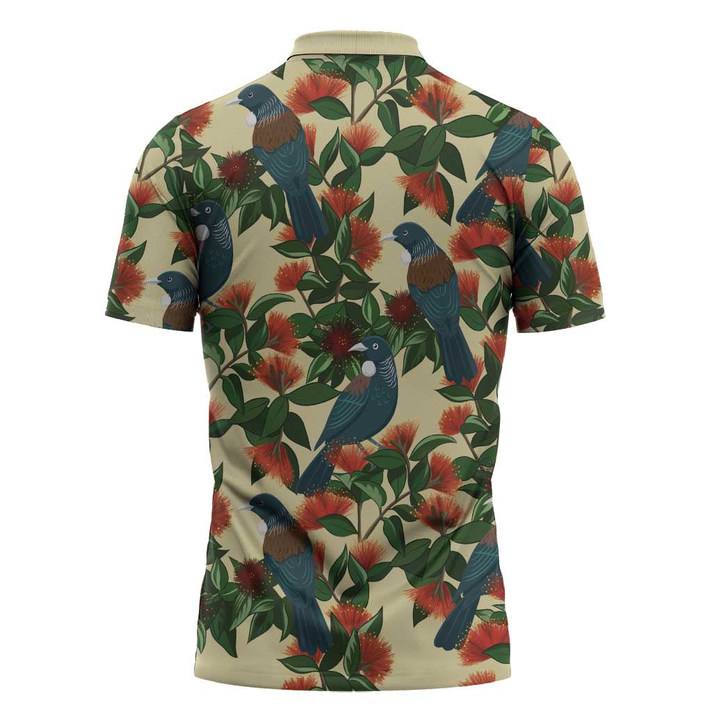 New Zealand Christmas Zipper Polo Shirt Romantic Tui Birds on Pohutukawa - Ivory - Polynesian Pride