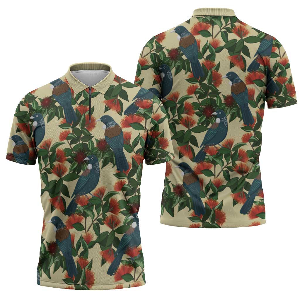 New Zealand Christmas Zipper Polo Shirt Romantic Tui Birds on Pohutukawa - Ivory - Polynesian Pride