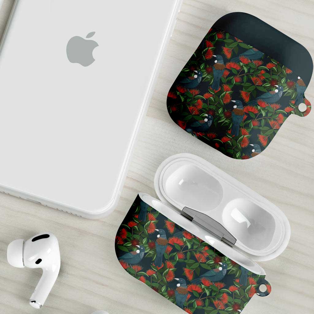 New Zealand Christmas AirPods Case Romantic Tui Birds on Pohutukawa - Cobalt - Polynesian Pride