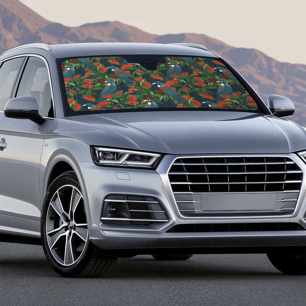 New Zealand Christmas Auto Sun Shade Romantic Tui Birds on Pohutukawa - Cobalt - Polynesian Pride