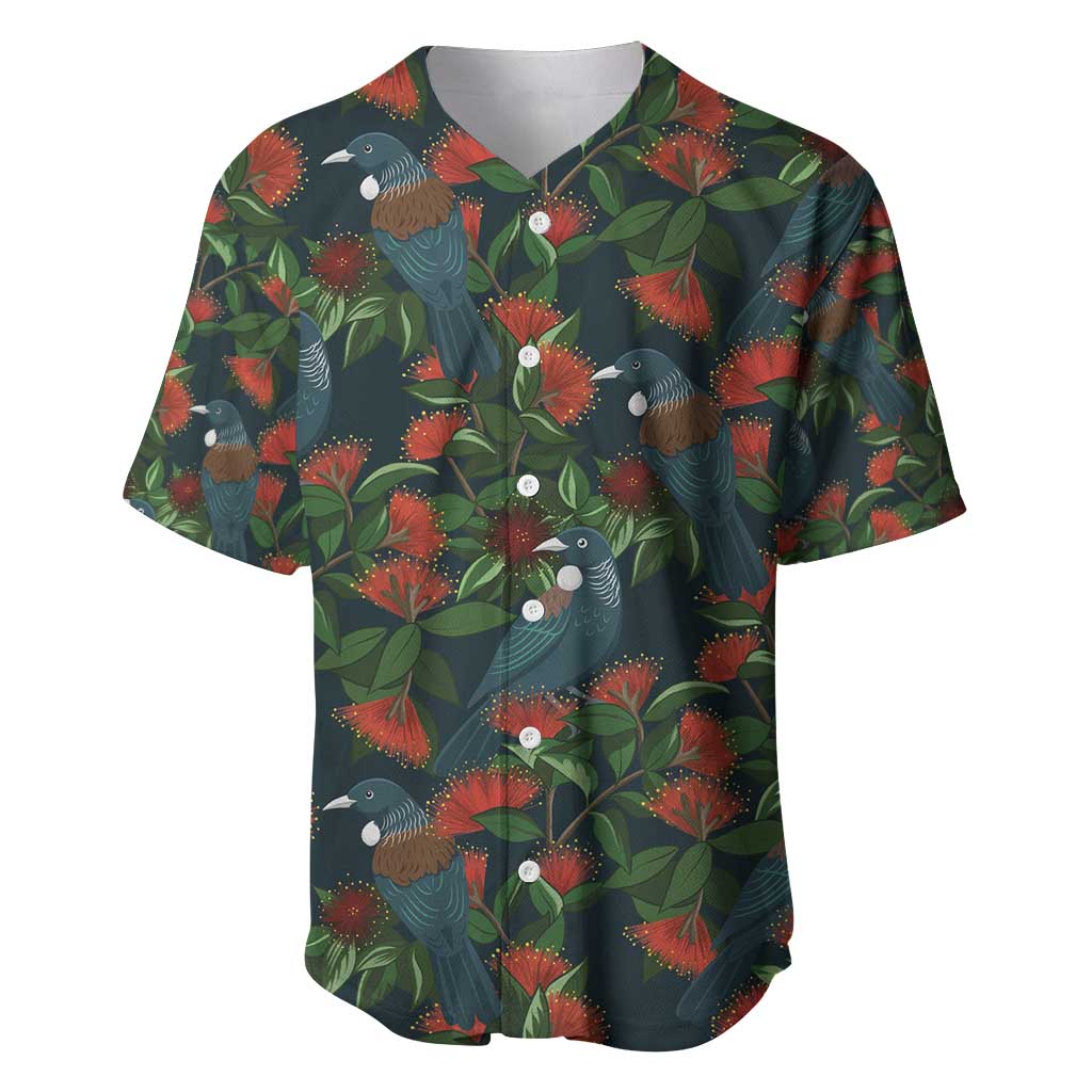 New Zealand Christmas Baseball Jersey Romantic Tui Birds on Pohutukawa - Cobalt LT7 Cobalt - Polynesian Pride