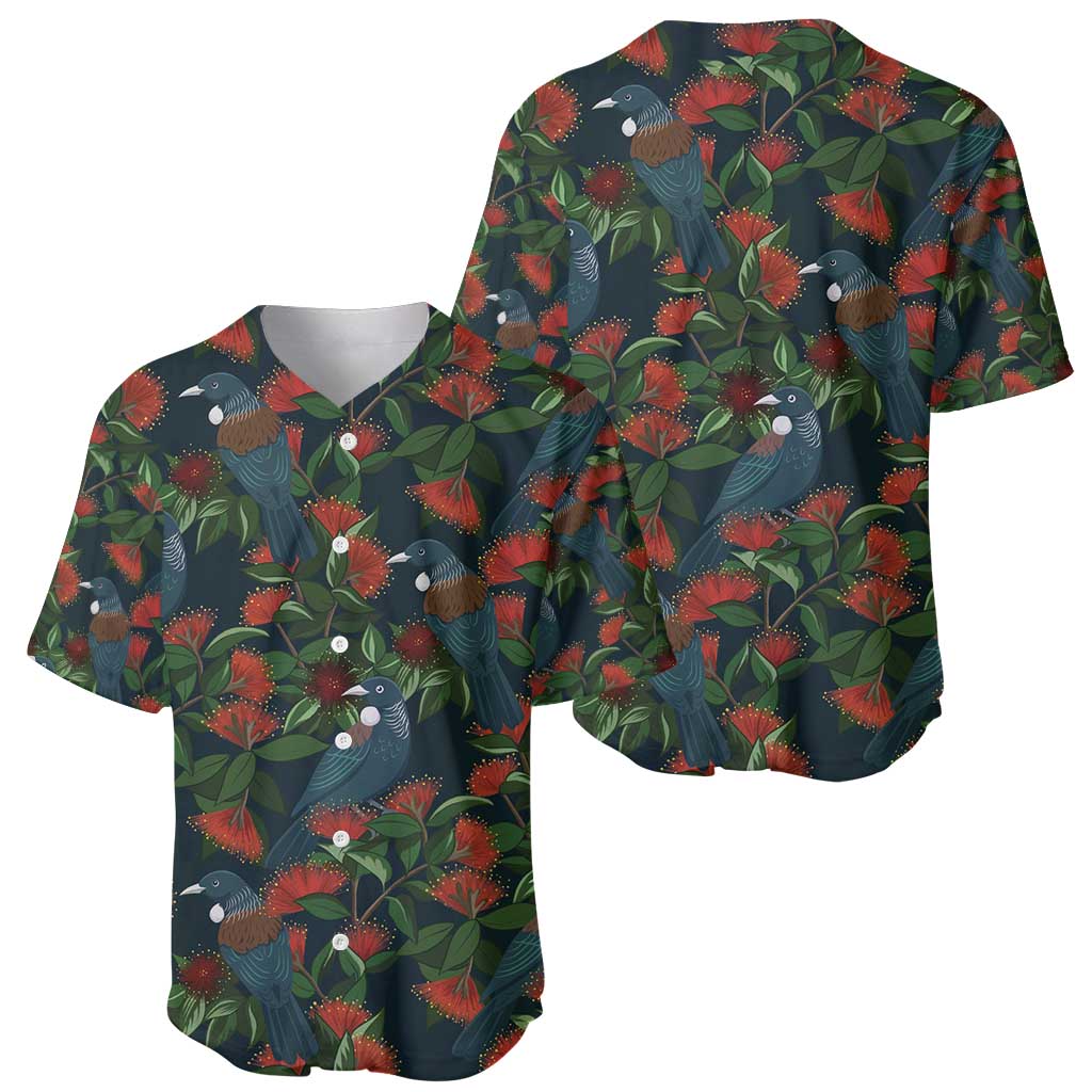 New Zealand Christmas Baseball Jersey Romantic Tui Birds on Pohutukawa - Cobalt LT7 - Polynesian Pride