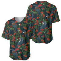 New Zealand Christmas Baseball Jersey Romantic Tui Birds on Pohutukawa - Cobalt LT7 - Polynesian Pride