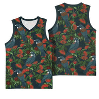 New Zealand Christmas Basketball Jersey Romantic Tui Birds on Pohutukawa - Cobalt - Polynesian Pride
