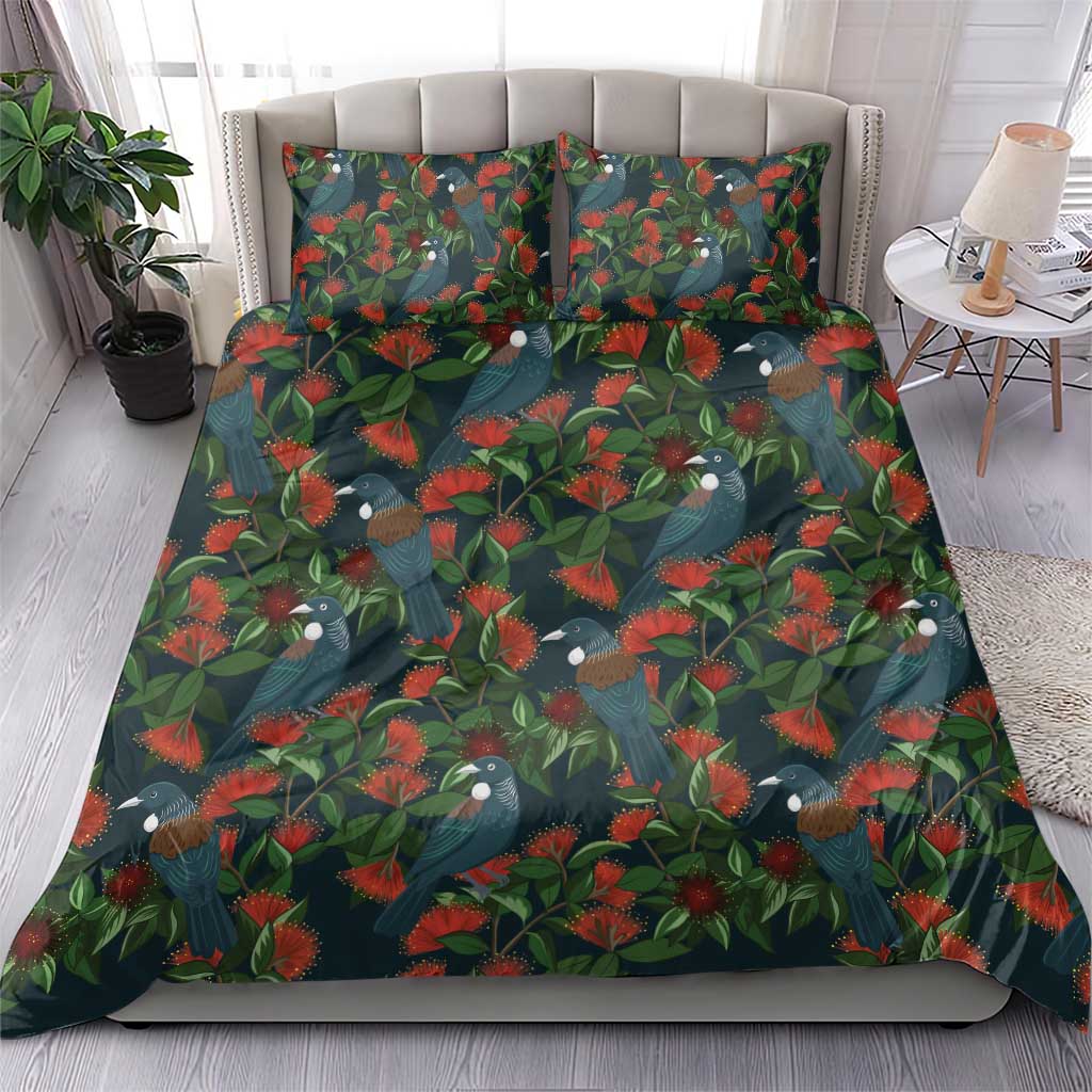 New Zealand Christmas Bedding Set Romantic Tui Birds on Pohutukawa - Cobalt LT7 - Polynesian Pride