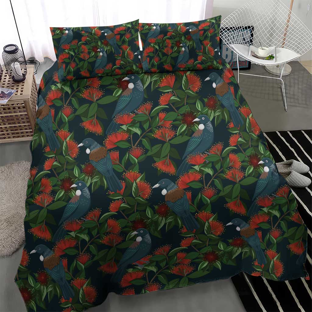 New Zealand Christmas Bedding Set Romantic Tui Birds on Pohutukawa - Cobalt LT7 - Polynesian Pride