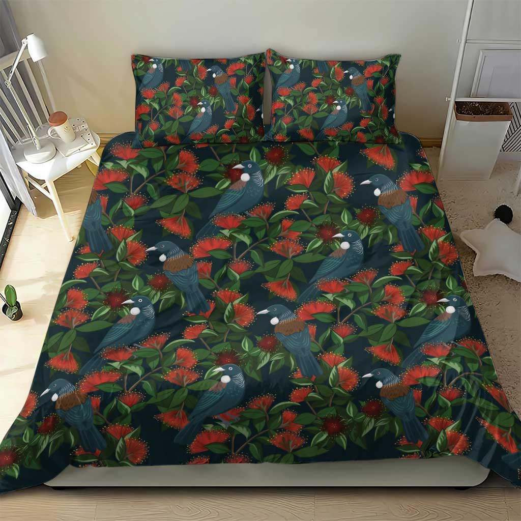 New Zealand Christmas Bedding Set Romantic Tui Birds on Pohutukawa - Cobalt LT7 - Polynesian Pride