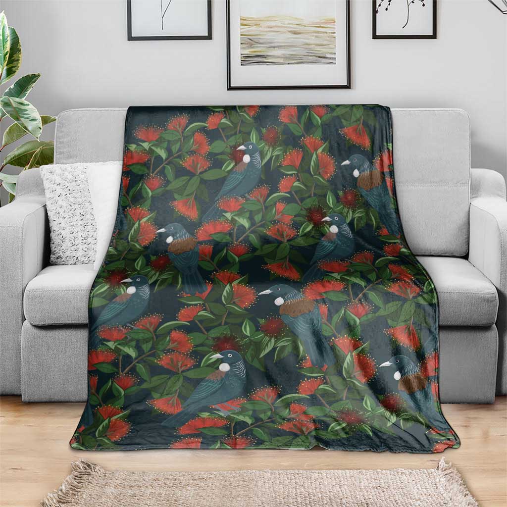 New Zealand Christmas Blanket Romantic Tui Birds on Pohutukawa - Cobalt - Polynesian Pride
