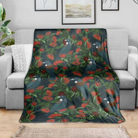 New Zealand Christmas Blanket Romantic Tui Birds on Pohutukawa - Cobalt - Polynesian Pride